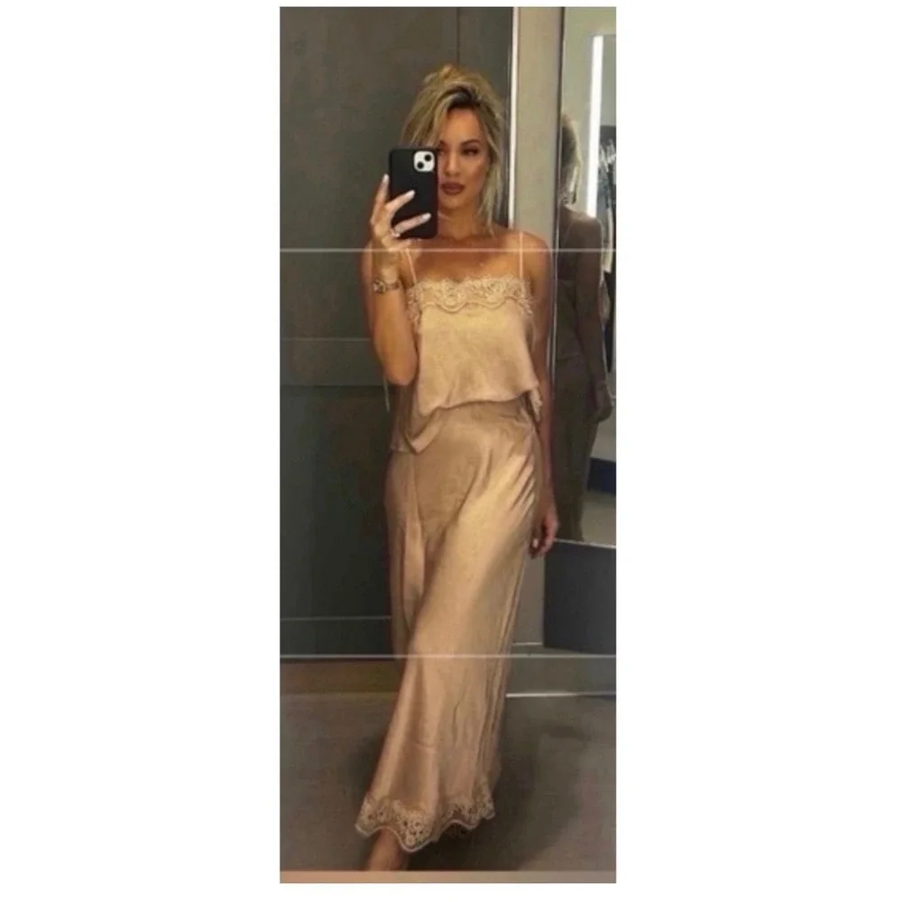 A New Day Satin Midi Skirt Small Pink champagne NEW Lace Trim Crinkle Slip Skirt